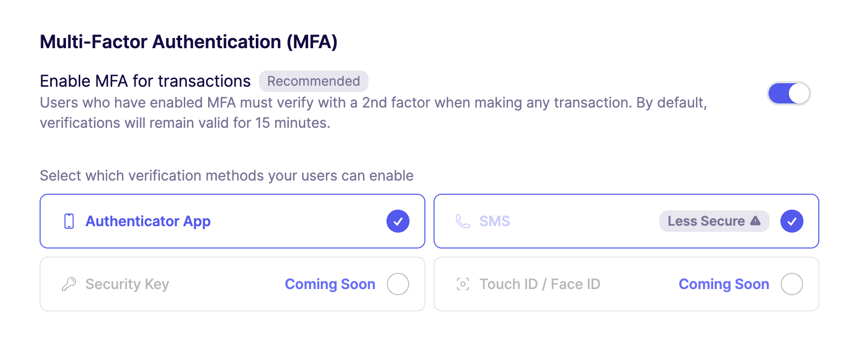 Setting up wallet MFA in the dashboard